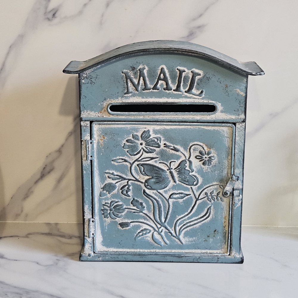 Creative Co-Op Blue Mailbox with Butterfly Design